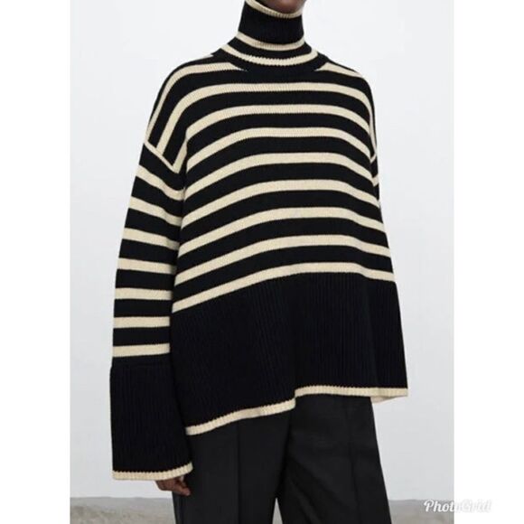 Revolve Avantlook Black White Cream Striped Turtleneck Knit Sweater - Picture 1 of 9
